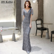 Load image into Gallery viewer, HS Kellio Celebrity Dress Silver Mermaid Vneck Short Sleeve Red Carpet Dresses For Women