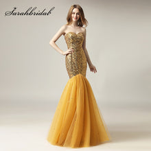Load image into Gallery viewer, New Arrival Gold Sparkly Sequin Long Celebrity Dresses Tulle Sweetheart Red Carpet Dress Formal Women Pageant Party Gowns SD415