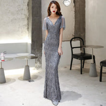 Load image into Gallery viewer, HS Kellio Celebrity Dress Silver Mermaid Vneck Short Sleeve Red Carpet Dresses For Women
