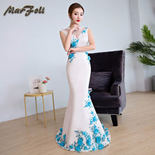 Load image into Gallery viewer, Evening Dress Feminine Long dress Blue Party Women Sexy Floor length mermaid dress V-Neck See-though Appliques burgundy dress
